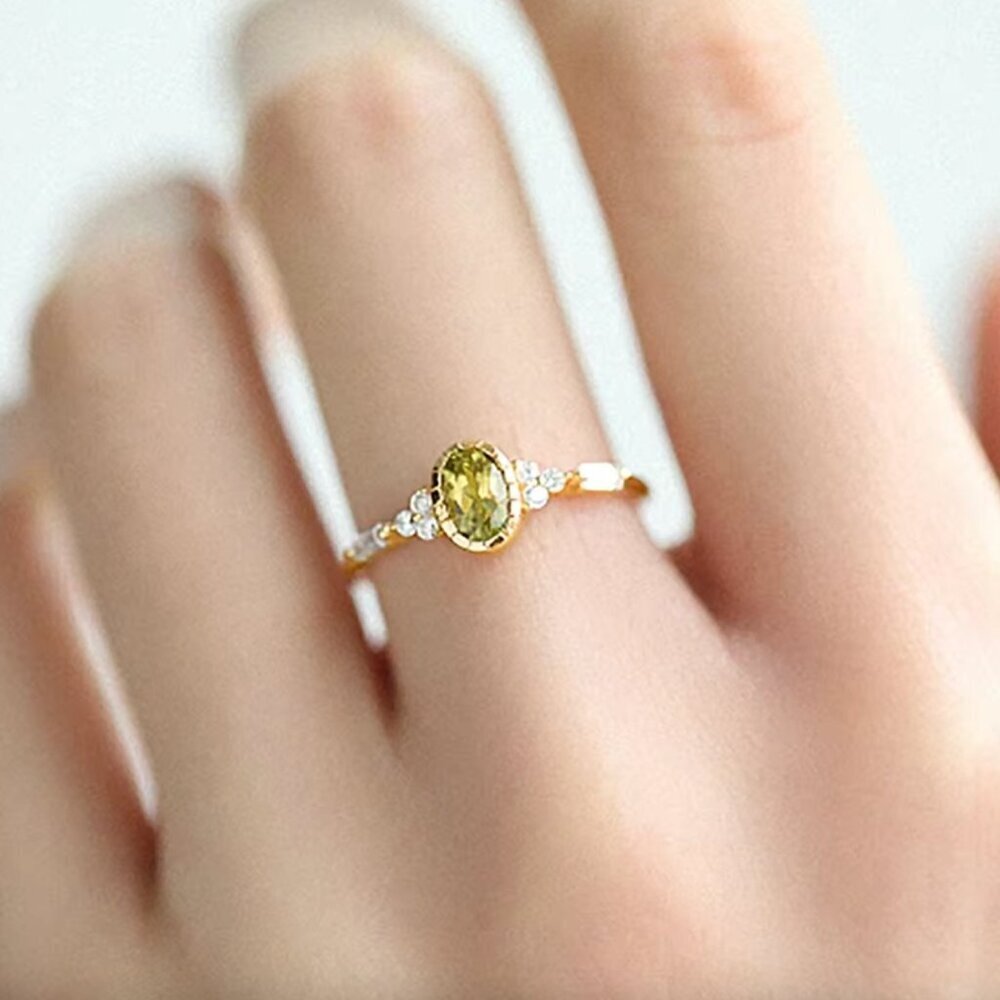 14k Gold Dainty Oval Cut Peridot Diamond Ring Band